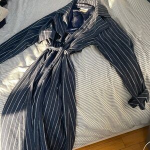 Free People Melia Mac Trench Coat Linen Cotton Blend Pinstripe Navy Wmns medium